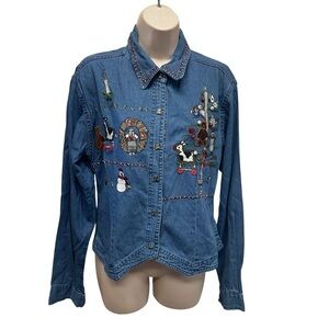 Vintage BSA Women's embroidered Christmas Denim Shirt Snowman Holiday large
